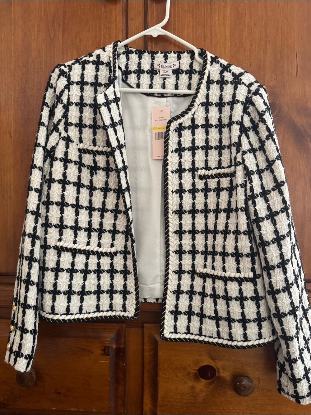 Nanette Lepore Black & White Checked Tweed Open-Front Blazer